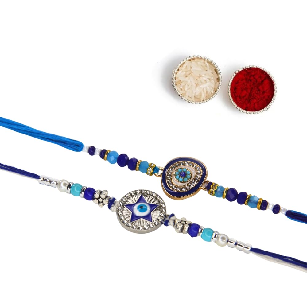 Vera Evil Eye Rakhi Combo – Set of 2 Designer Rakhis for Brother | Traditional & Stylish Blue Beaded Rakhi with Nazar Suraksha Charm for Raksha Bandhan (Blue)