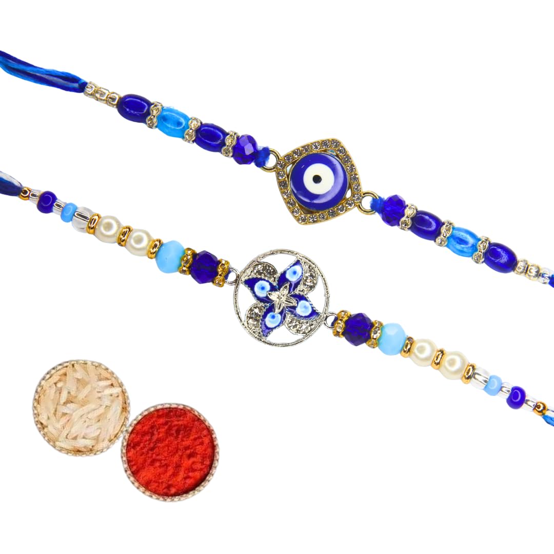 Vera Evil Eye Bhaiya Rakhi Combo – Blue Nazar Protection Charm Set with Silver Accents – Stylish Rakhi for Raksha Bandhan