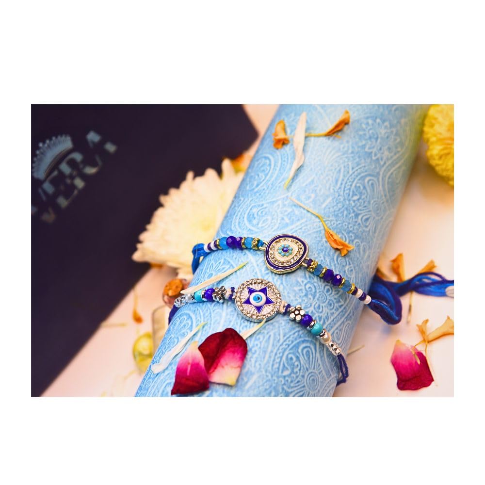 Vera Evil Eye Rakhi Combo – Set of 2 Designer Rakhis for Brother | Traditional & Stylish Blue Beaded Rakhi with Nazar Suraksha Charm for Raksha Bandhan (Blue)