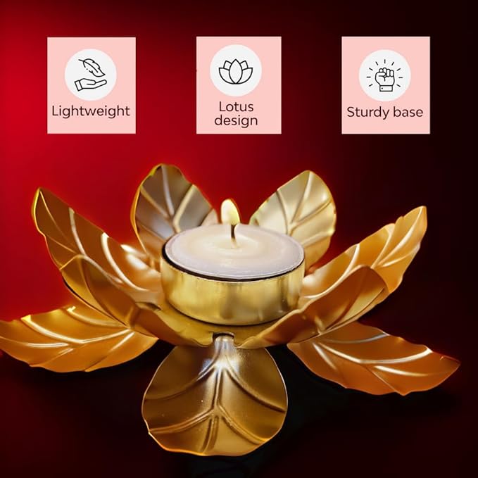 Vera Gold Lotus Flower Tea Light Holder with Wax Candle - Set of 6