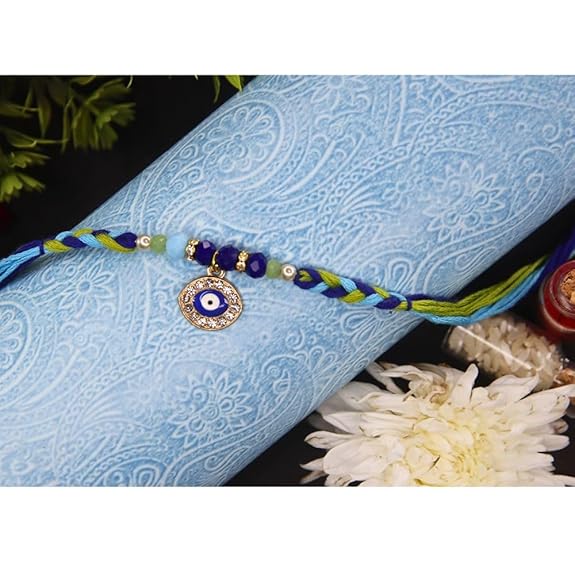 Vera Evil Eye Rakhi for Brother I Set of 2 I Blue & Green Braided Thread with Nazar Charm and Beads – Handmade Designer Rakhi for Raksha Bandhan