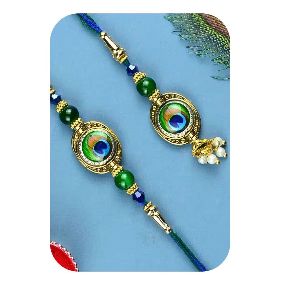 Vera Designer Bhaiya Bhabhi Rakhi Set – Peacock Feather & Lumba Combo for Raksha Bandhan | Traditional & Elegant Rakhi for Brother and Sister-in-Law