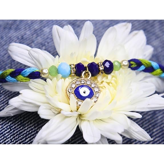 Vera Evil Eye Rakhi for Brother I Set of 2 I Blue & Green Braided Thread with Nazar Charm and Beads – Handmade Designer Rakhi for Raksha Bandhan