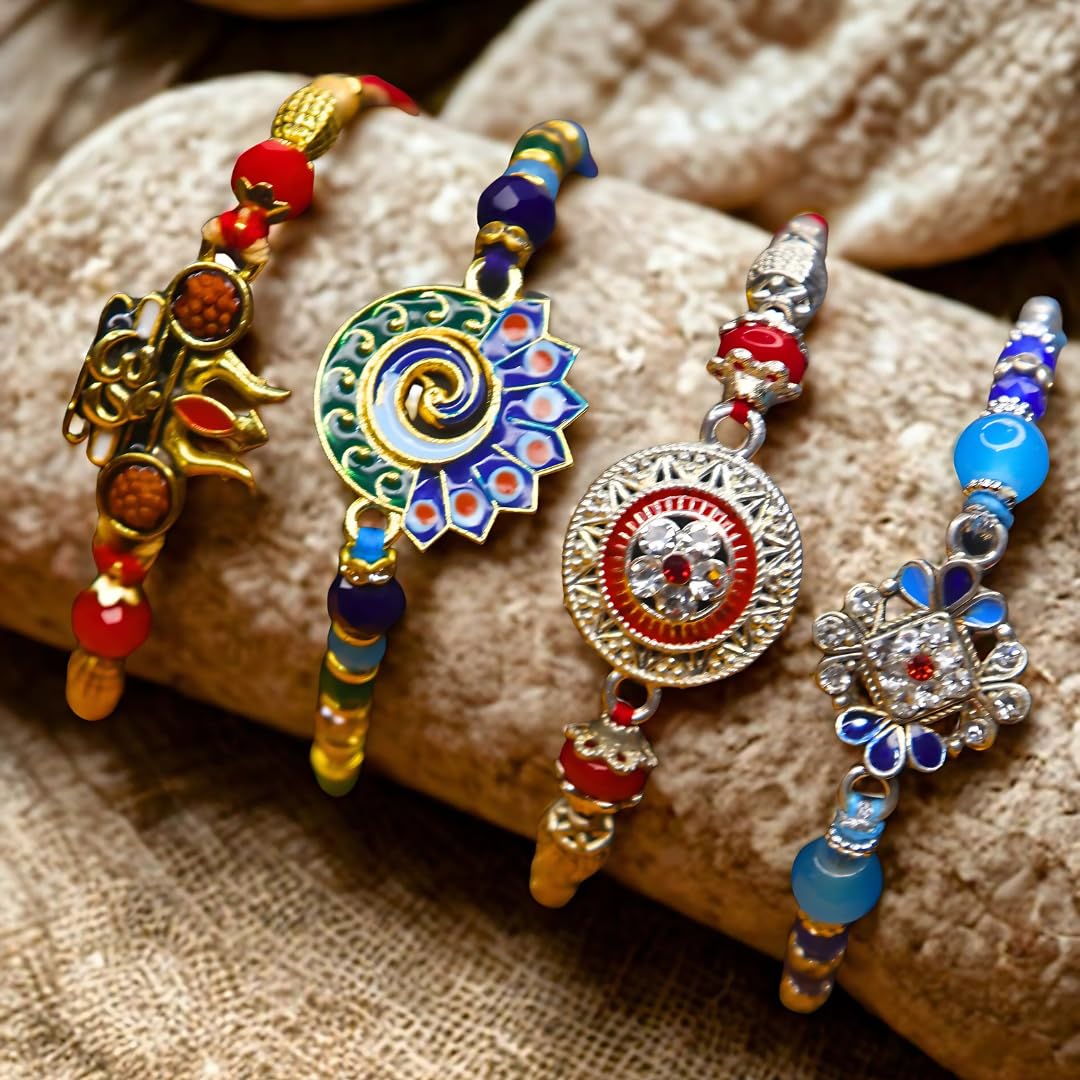 Vera Set of 4 Rakhi for Brother – Traditional Raksha Bandhan Rakhi Combo with Om, Peacock, Stone & Ethnic Designs (Multicolor)