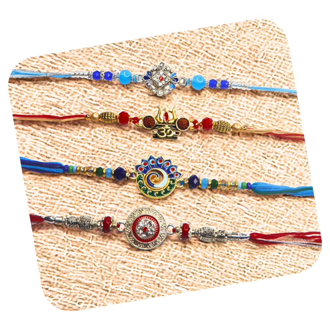 Vera Set of 4 Rakhi for Brother – Traditional Raksha Bandhan Rakhi Combo with Om, Peacock, Stone & Ethnic Designs (Multicolor)