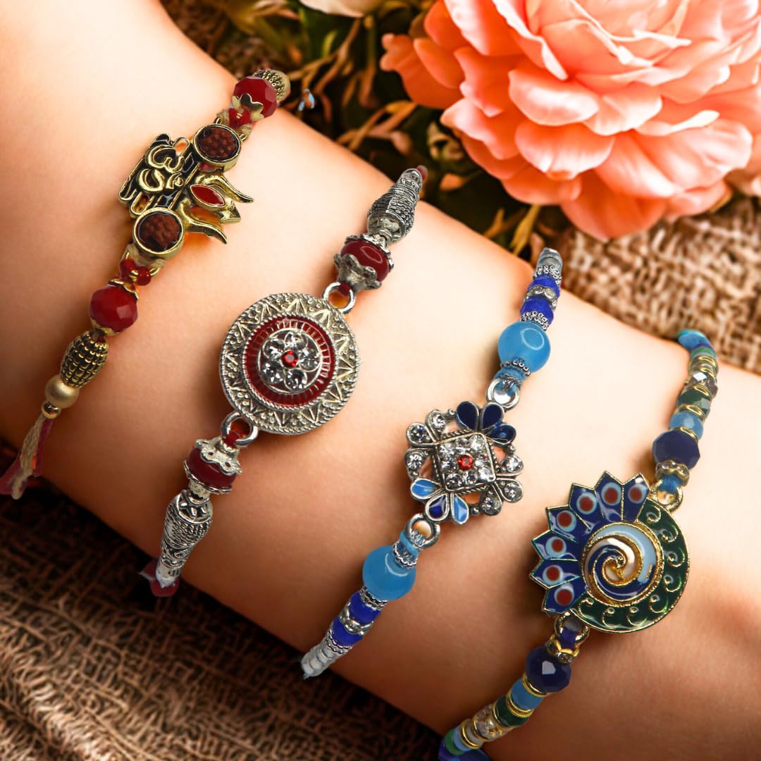 Vera Set of 4 Rakhi for Brother – Traditional Raksha Bandhan Rakhi Combo with Om, Peacock, Stone & Ethnic Designs (Multicolor)