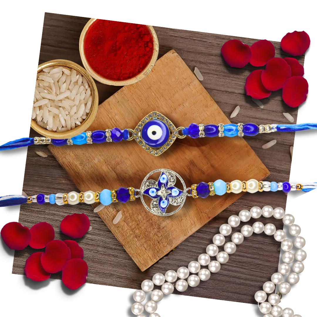 Vera Evil Eye Bhaiya Rakhi Combo – Blue Nazar Protection Charm Set with Silver Accents – Stylish Rakhi for Raksha Bandhan
