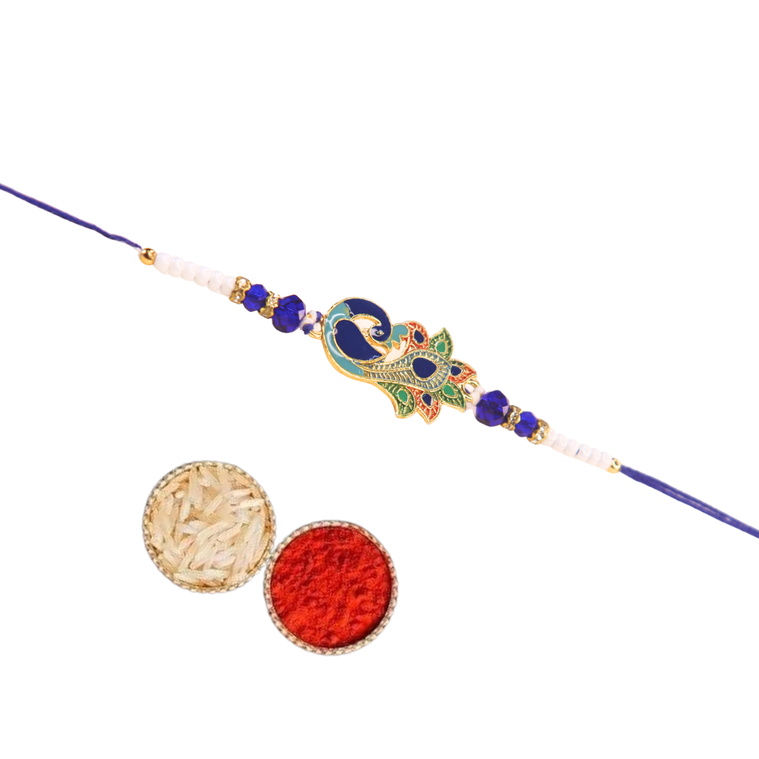 Vera Regal Peacock Rakhi for Brother – Multicolor Meenakari Design with Blue & White Beads – Handmade Traditional Rakhi for Raksha Bandhan