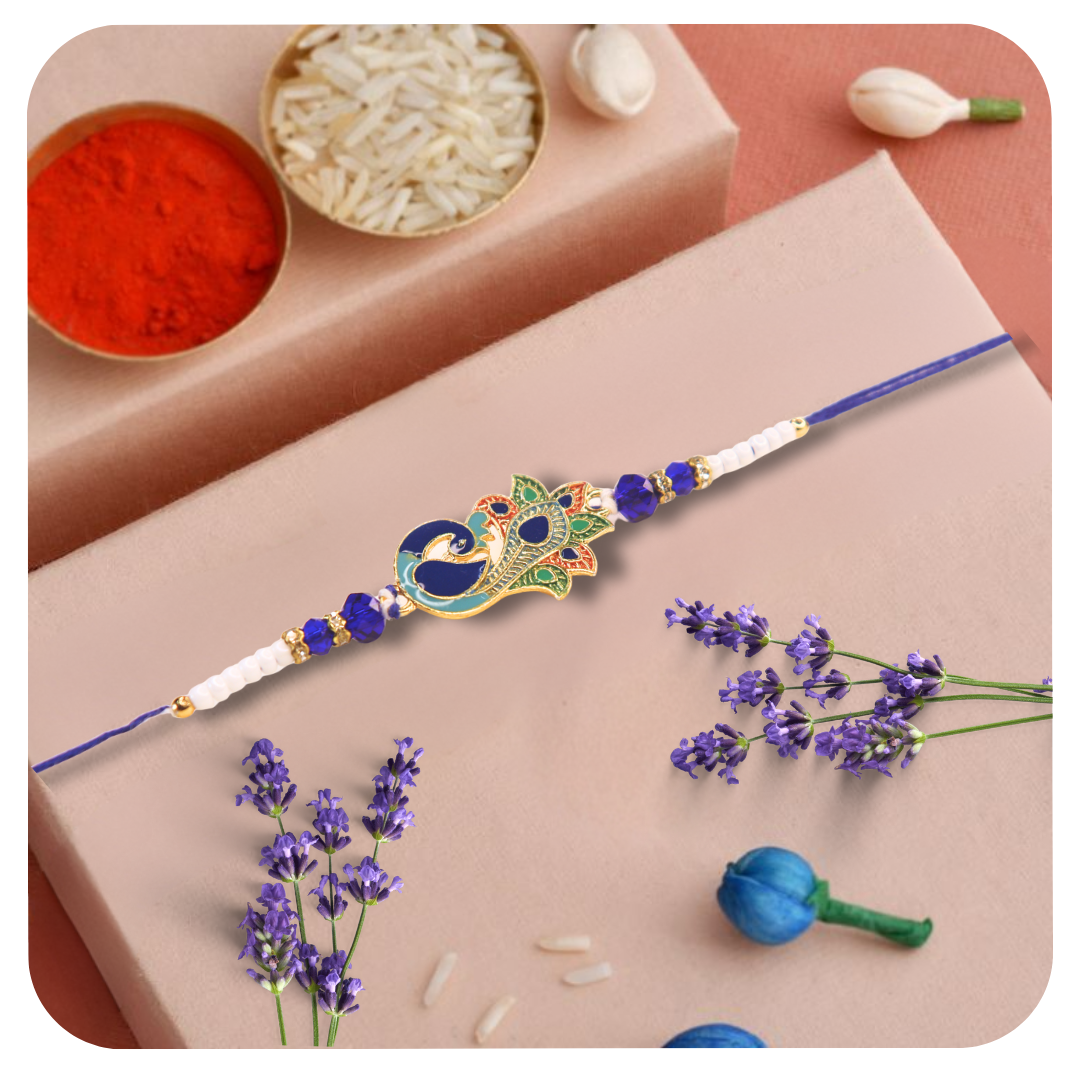Vera Regal Peacock Rakhi for Brother – Multicolor Meenakari Design with Blue & White Beads – Handmade Traditional Rakhi for Raksha Bandhan