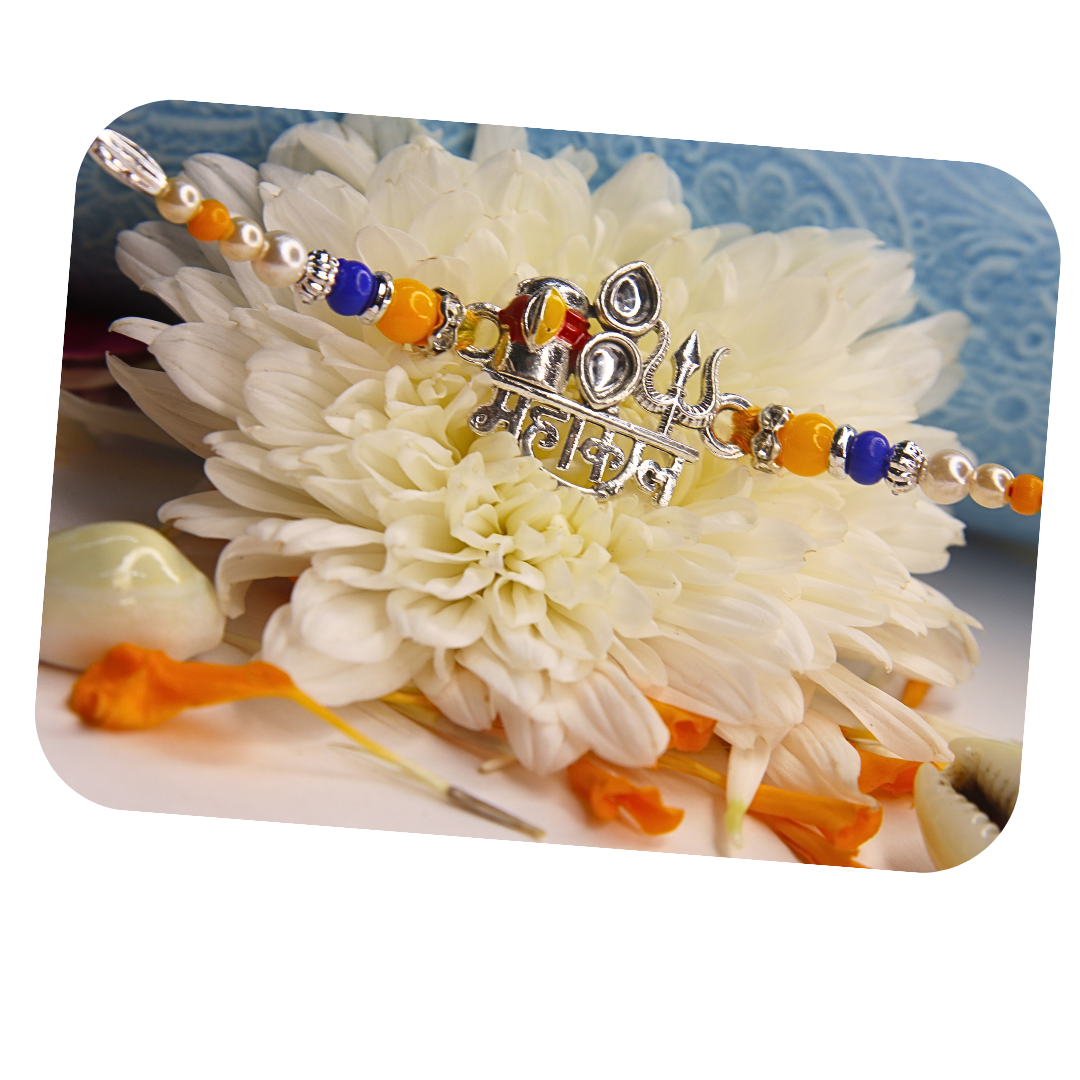 Vera Mahakal Rakhi for Brother – Divine Trishul & Damru with महाकाल Inscription, Rudraksha Beads & Pearls – Spiritual Raksha Bandhan Rakhi for Shiv Bhakts