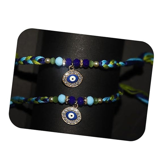 Vera Evil Eye Rakhi for Brother I Set of 2 I Blue & Green Braided Thread with Nazar Charm and Beads – Handmade Designer Rakhi for Raksha Bandhan
