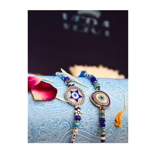 Vera Evil Eye Rakhi Combo – Set of 2 Designer Rakhis for Brother | Traditional & Stylish Blue Beaded Rakhi with Nazar Suraksha Charm for Raksha Bandhan (Blue)