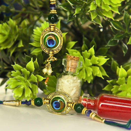Vera Designer Bhaiya Bhabhi Rakhi Set – Peacock Feather & Lumba Combo for Raksha Bandhan | Traditional & Elegant Rakhi for Brother and Sister-in-Law