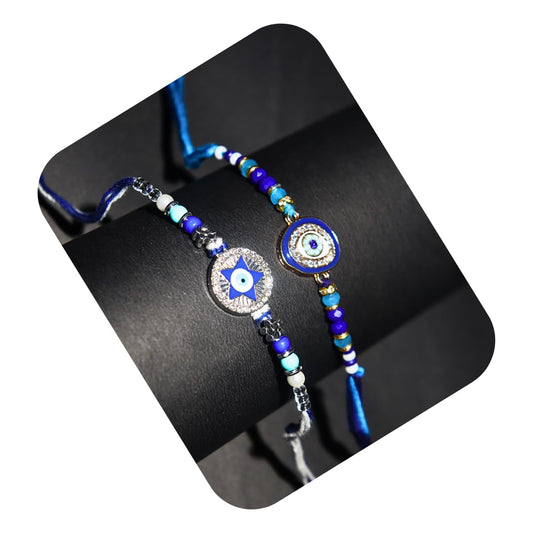Vera Evil Eye Rakhi Combo – Set of 2 Designer Rakhis for Brother | Traditional & Stylish Blue Beaded Rakhi with Nazar Suraksha Charm for Raksha Bandhan (Blue)