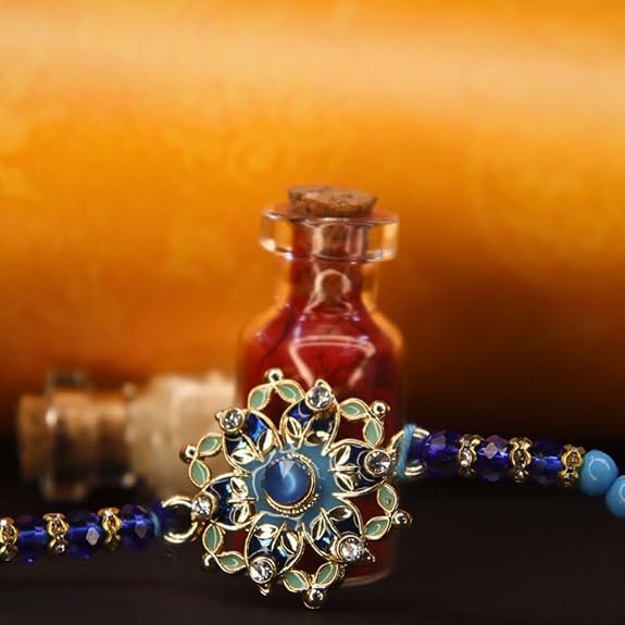 Vera Premium Floral Rakhi for Brother – Handcrafted Blue, Green & Gold Stone with Intricate Mandala Design & Beaded Thread – Traditional Handmade Rakhi for Raksha Bandhan (Multicolor)