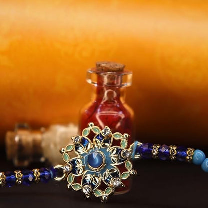 Vera Premium Floral Rakhi for Brother – Handcrafted Blue, Green & Gold Stone with Intricate Mandala Design & Beaded Thread – Traditional Handmade Rakhi for Raksha Bandhan (Multicolor)