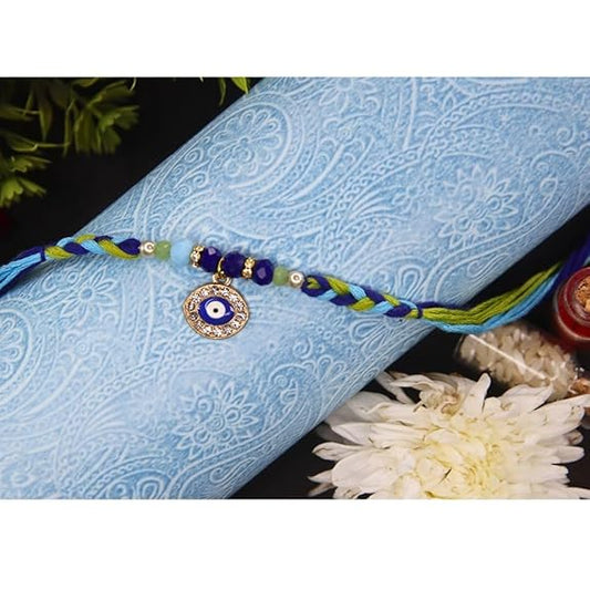 Vera Evil Eye Rakhi for Brother I Set of 2 I Blue & Green Braided Thread with Nazar Charm and Beads – Handmade Designer Rakhi for Raksha Bandhan