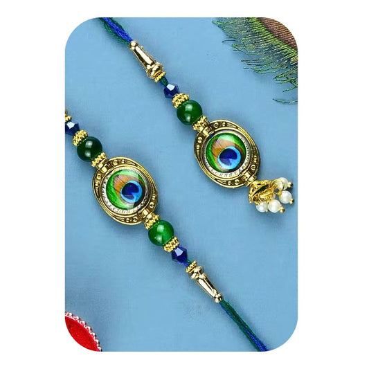 Vera Designer Bhaiya Bhabhi Rakhi Set – Peacock Feather & Lumba Combo for Raksha Bandhan | Traditional & Elegant Rakhi for Brother and Sister-in-Law