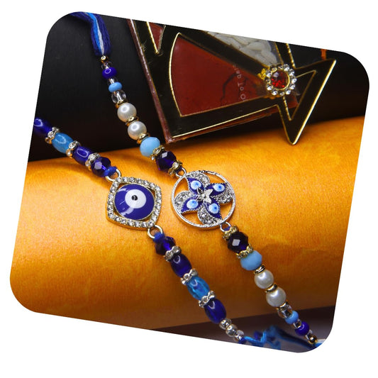 Vera Evil Eye Bhaiya Rakhi Combo – Blue Nazar Protection Charm Set with Silver Accents – Stylish Rakhi for Raksha Bandhan