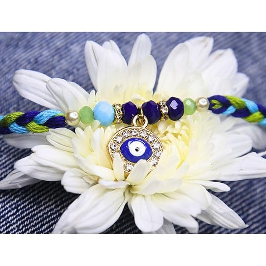 Vera Evil Eye Rakhi for Brother I Set of 2 I Blue & Green Braided Thread with Nazar Charm and Beads – Handmade Designer Rakhi for Raksha Bandhan