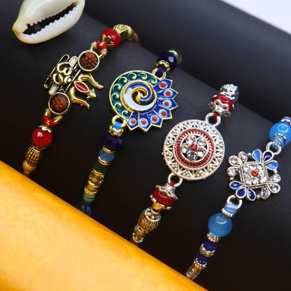 Vera Set of 4 Rakhi for Brother – Traditional Raksha Bandhan Rakhi Combo with Om, Peacock, Stone & Ethnic Designs (Multicolor)