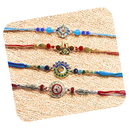 Vera Set of 4 Rakhi for Brother – Traditional Raksha Bandhan Rakhi Combo with Om, Peacock, Stone & Ethnic Designs (Multicolor)