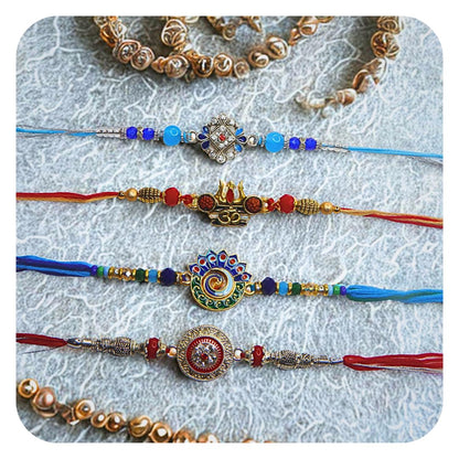 Vera Set of 4 Rakhi for Brother – Traditional Raksha Bandhan Rakhi Combo with Om, Peacock, Stone & Ethnic Designs (Multicolor)