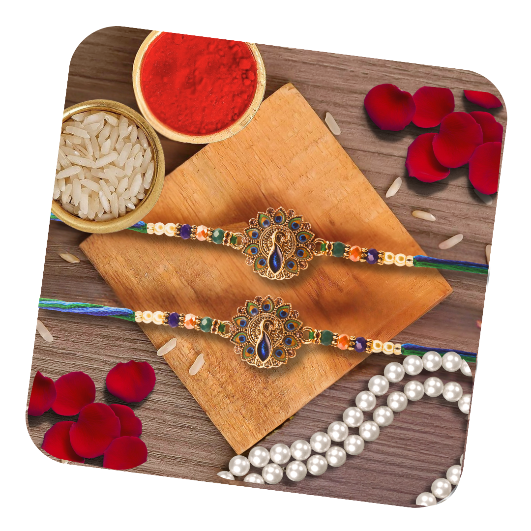 Vera Peacock Rakhi for Brother – Traditional Meenakari Design with Colorful Beads & Multicolor Thread – Handmade Rakhi for Raksha Bandhan (Set of 2)