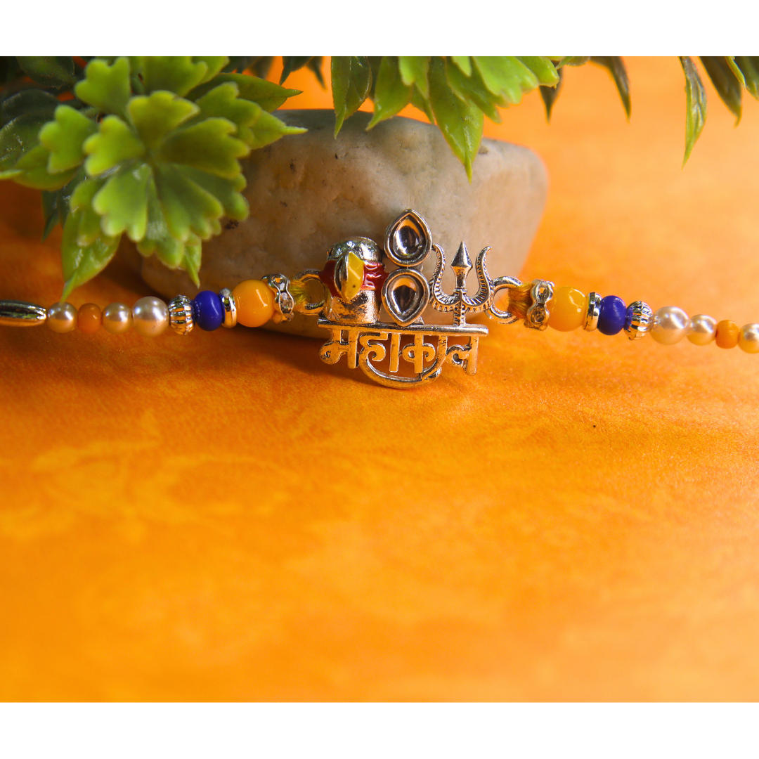 Vera Mahakal Rakhi for Brother – Divine Trishul & Damru with महाकाल Inscription, Rudraksha Beads & Pearls – Spiritual Raksha Bandhan Rakhi for Shiv Bhakts