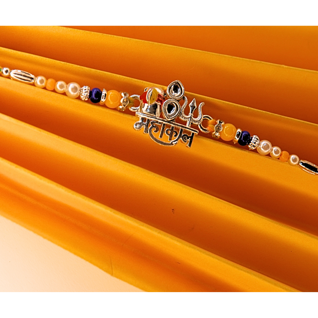 Vera Mahakal Rakhi for Brother – Divine Trishul & Damru with महाकाल Inscription, Rudraksha Beads & Pearls – Spiritual Raksha Bandhan Rakhi for Shiv Bhakts