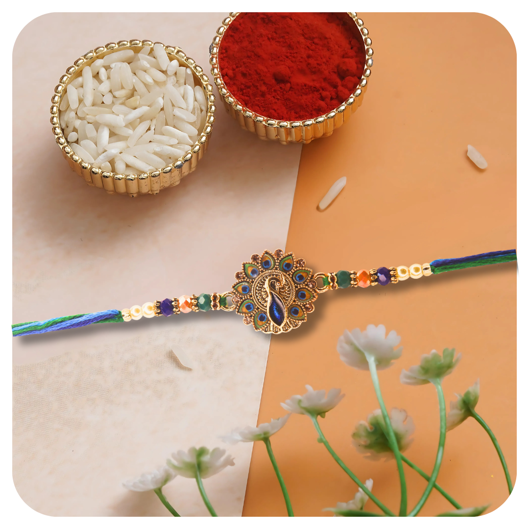 Vera Peacock Rakhi for Brother – Traditional Meenakari Design with Colorful Beads & Multicolor Thread – Handmade Rakhi for Raksha Bandhan (Set of 2)