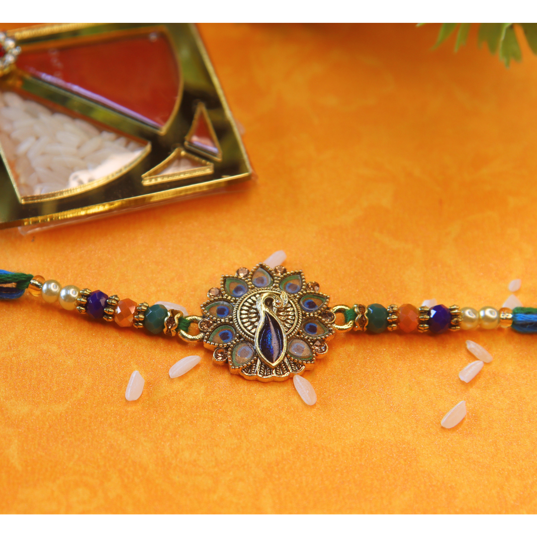 Vera Peacock Rakhi for Brother – Traditional Meenakari Design with Colorful Beads & Multicolor Thread – Handmade Rakhi for Raksha Bandhan (Set of 2)