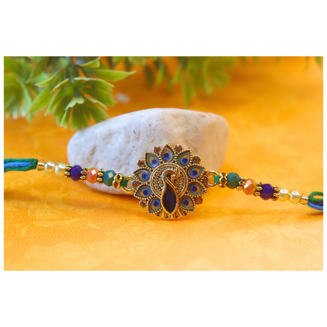 Vera Peacock Rakhi for Brother – Traditional Meenakari Design with Colorful Beads & Multicolor Thread – Handmade Rakhi for Raksha Bandhan (Set of 2)