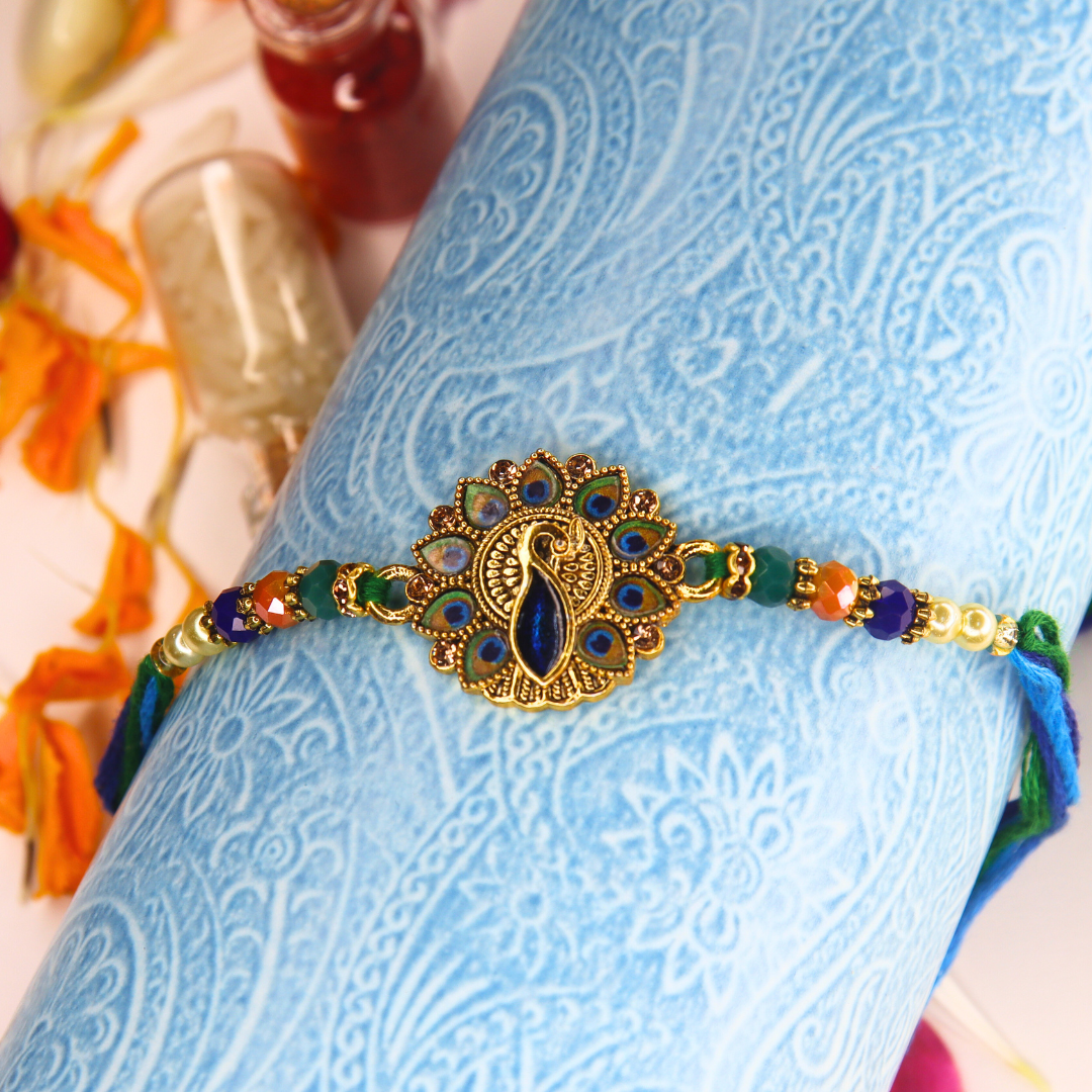 Vera Peacock Rakhi for Brother – Traditional Meenakari Design with Colorful Beads & Multicolor Thread – Handmade Rakhi for Raksha Bandhan (Set of 2)