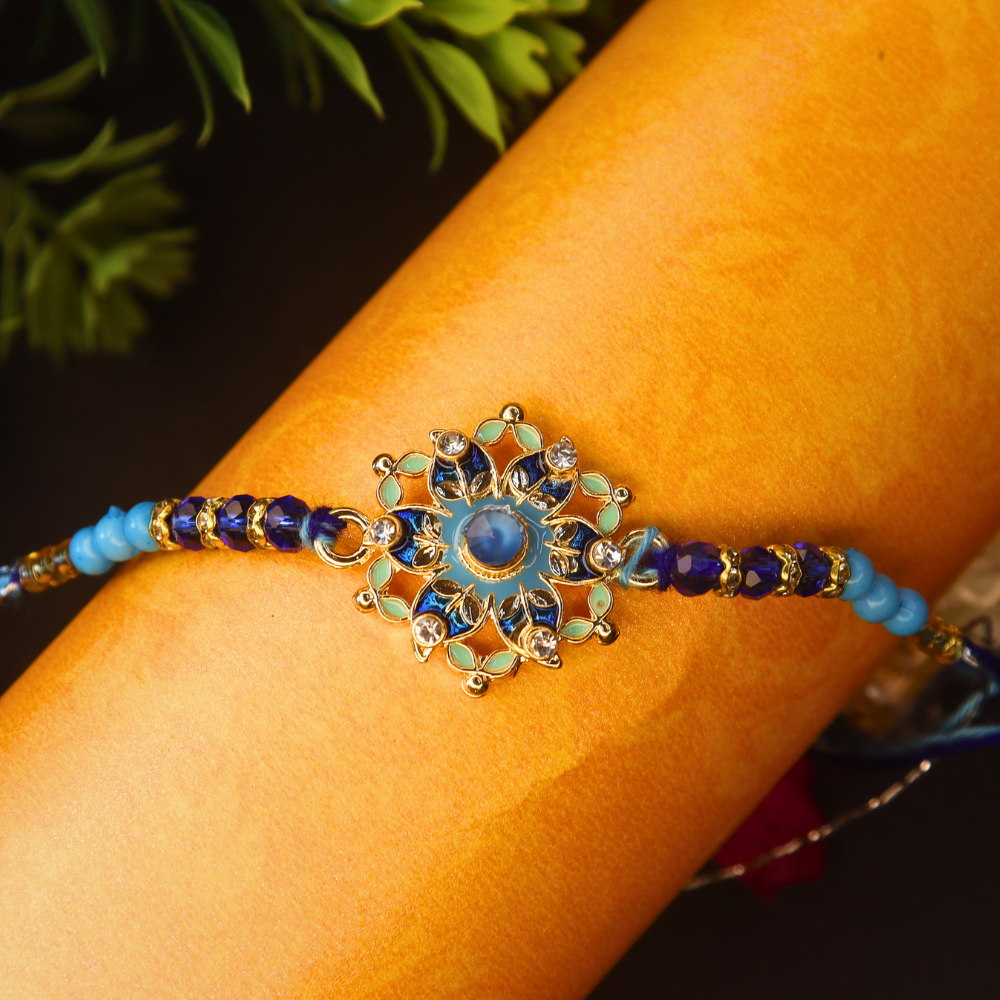 Vera Premium Floral Rakhi for Brother – Handcrafted Blue, Green & Gold Stone with Intricate Mandala Design & Beaded Thread – Traditional Handmade Rakhi for Raksha Bandhan (Multicolor)