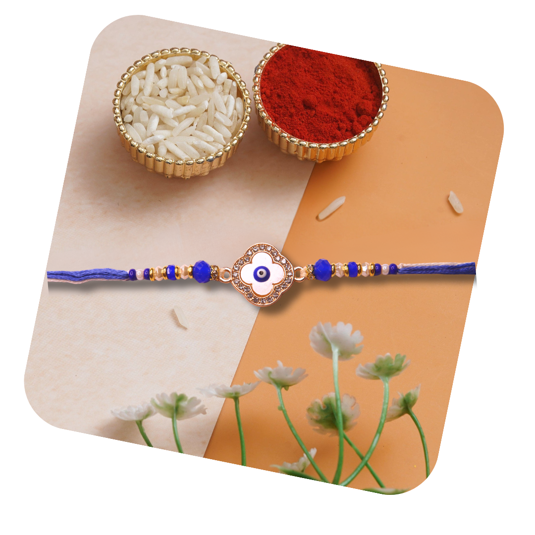 Vera Clover Evil Eye Rakhi for Brother – White Four-Leaf Evil Eye Motif with Blue Beads and Dual Thread – Handmade Rakhi for Raksha Bandhan