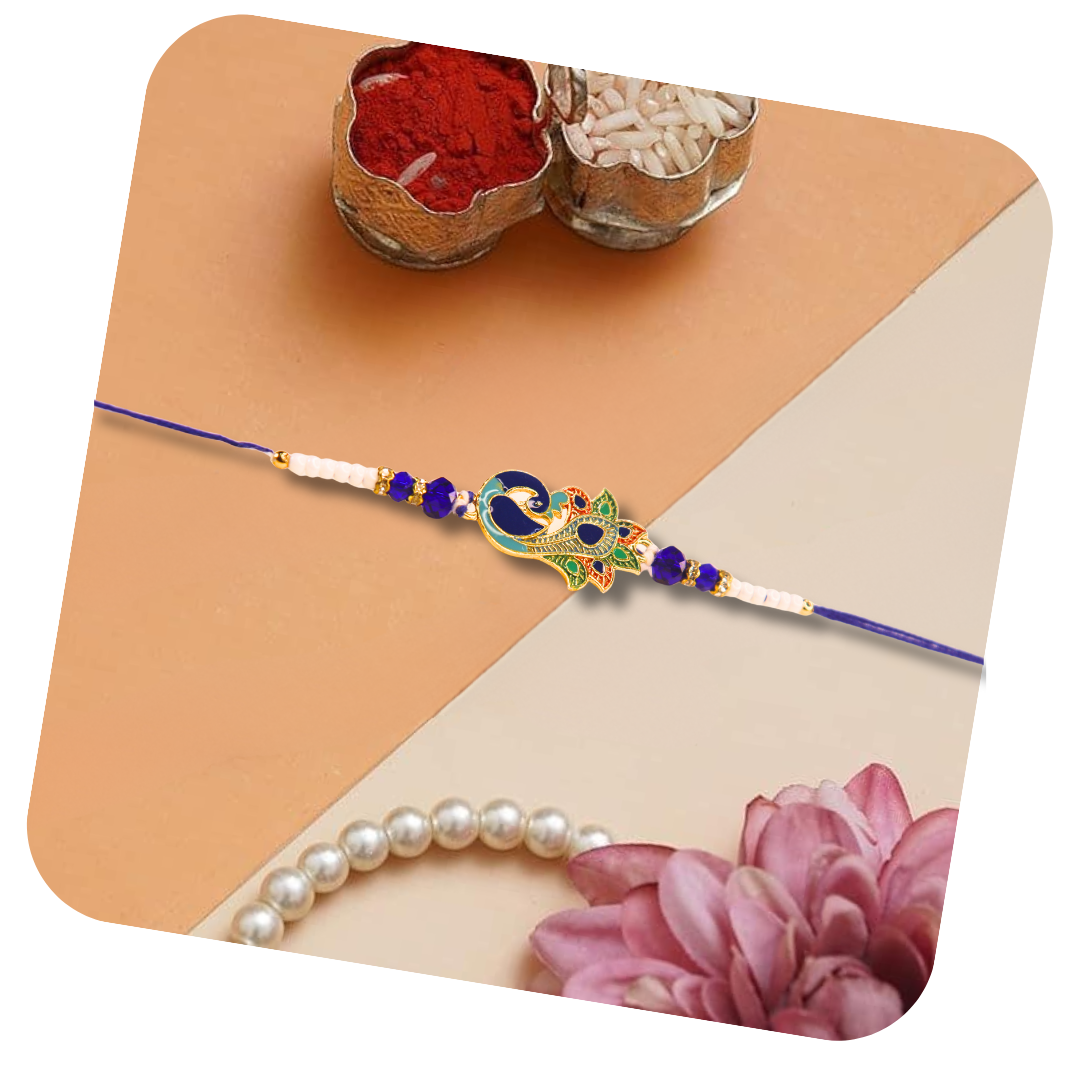 Vera Regal Peacock Rakhi for Brother – Multicolor Meenakari Design with Blue & White Beads – Handmade Traditional Rakhi for Raksha Bandhan